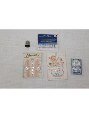Vintage Sewing Buttons Hooks Thimbles Needles Set